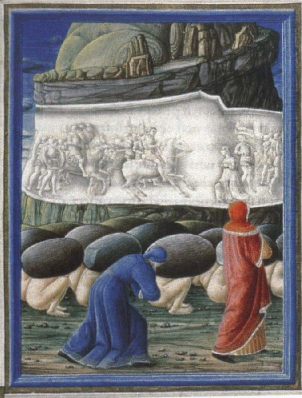 Dante,Guided by virgil bows before a relief depicting Emperor Trajan and the widow in canto X of the Purgatorio, Guglielmo Girardi